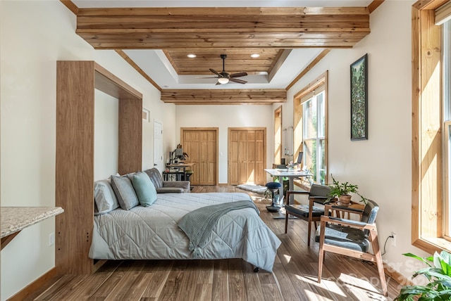 14 N Main St Unit 1 & 2, Waynesville, NC 28786 - bedroom featuring two closets, hardwood / wood-style floors, a raised ceiling, wooden ceiling, and baseboards