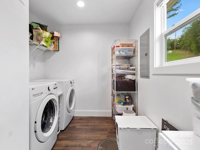 9 Ruff Rd, Leicester, NC 28748 - washroom featuring washer and clothes dryer, dark wood-style flooring, baseboards, recessed lighting, and electric panel