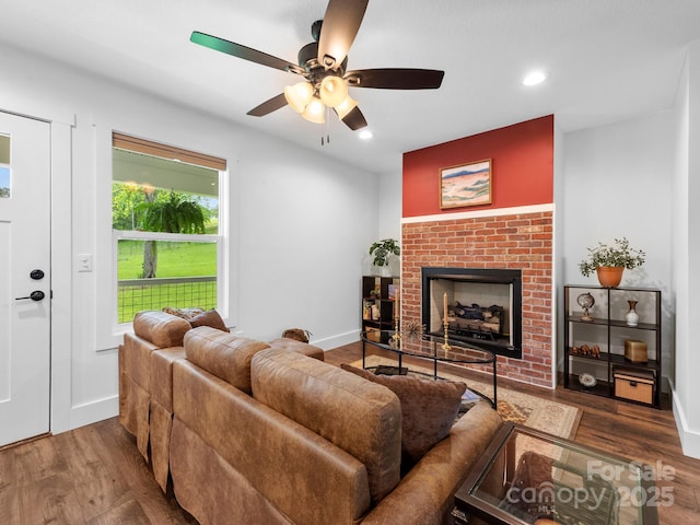 9 Ruff Rd, Leicester, NC 28748 - living area with a ceiling fan, wood finished floors, recessed lighting, baseboards, and a brick fireplace