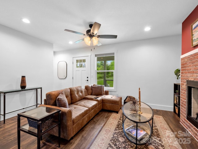 9 Ruff Rd, Leicester, NC 28748 - living area with a brick fireplace, a ceiling fan, dark wood-type flooring, recessed lighting, and baseboards
