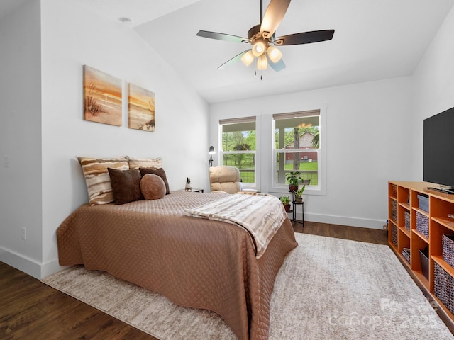 9 Ruff Rd, Leicester, NC 28748 - bedroom with dark wood-style floors, lofted ceiling, baseboards, and a ceiling fan