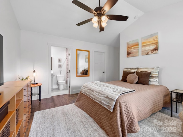 9 Ruff Rd, Leicester, NC 28748 - bedroom with wood finished floors, lofted ceiling, baseboards, ensuite bathroom, and ceiling fan