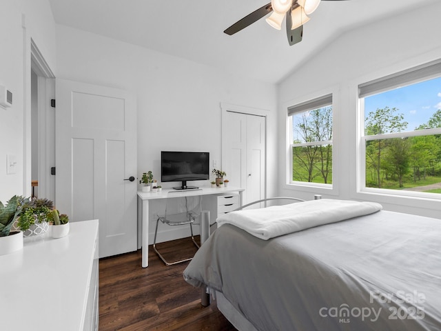 9 Ruff Rd, Leicester, NC 28748 - bedroom featuring dark wood finished floors, vaulted ceiling, an office area, and ceiling fan