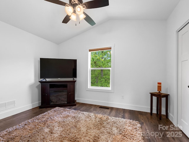 9 Ruff Rd, Leicester, NC 28748 - unfurnished living room featuring lofted ceiling, a ceiling fan, wood finished floors, and baseboards