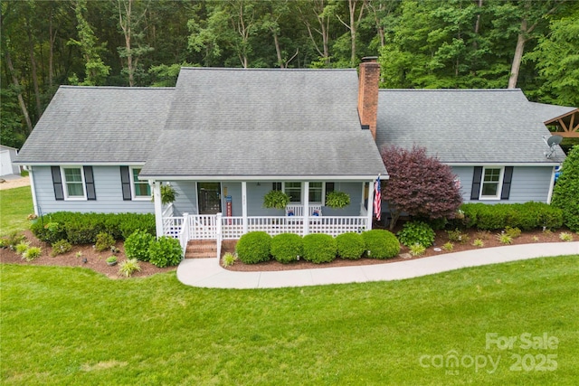 322 Killian Rd, Stanley, NC 28164 - view of front of house with covered porch, a front lawn, a chimney, and a shingled roof