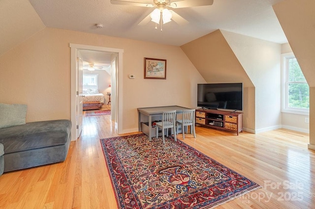 104 Bobby Ridge Dr, Leicester, NC 28748 - living area with a ceiling fan, plenty of natural light, vaulted ceiling, and light wood-type flooring