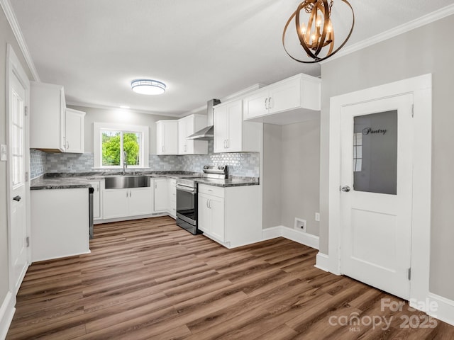 411 W Sycamore St, Lincolnton, NC 28092 - kitchen with stainless steel electric range oven, a sink, ornamental molding, wall chimney range hood, and dark countertops