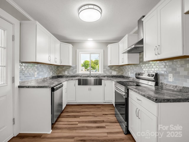 411 W Sycamore St, Lincolnton, NC 28092 - kitchen featuring appliances with stainless steel finishes, a sink, range hood, dark countertops, and wood finished floors