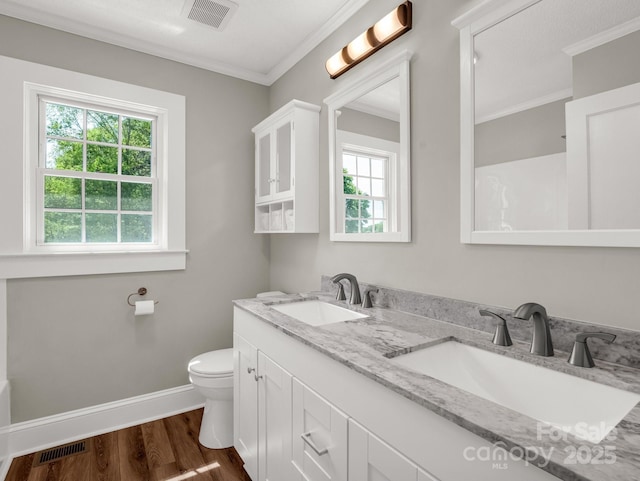 411 W Sycamore St, Lincolnton, NC 28092 - bathroom featuring baseboards, ornamental molding, toilet, wood finished floors, and double vanity