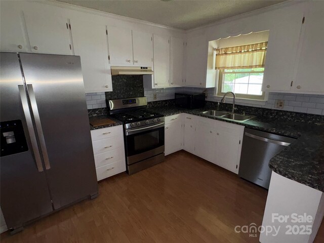 947 Ravendale Dr, Charlotte, NC 28216 - kitchen featuring appliances with stainless steel finishes, a sink, under cabinet range hood, dark wood-style floors, and decorative backsplash