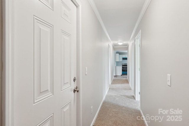 hallway with carpet, crown molding, and baseboards