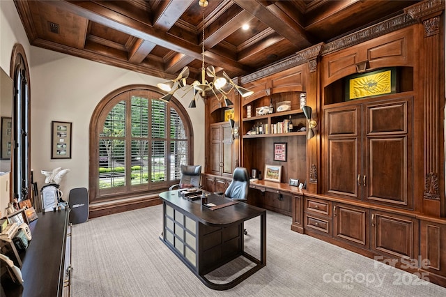 16909 Jetton Rd, Cornelius, NC 28031 - office space with wood ceiling, built in features, light colored carpet, a chandelier, and beam ceiling
