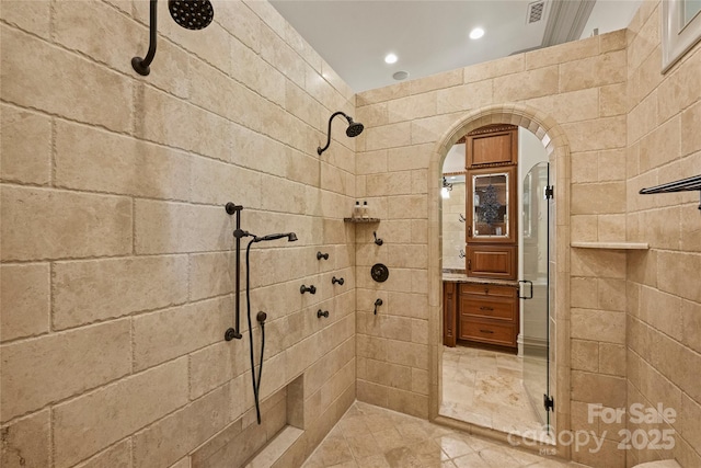 16909 Jetton Rd, Cornelius, NC 28031 - bathroom with a stall shower, vanity, and recessed lighting