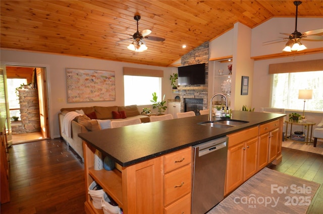 220 Woodwinds Ln, Seven Devils, NC 28604 - kitchen with stainless steel dishwasher, a ceiling fan, a sink, open floor plan, and wooden ceiling