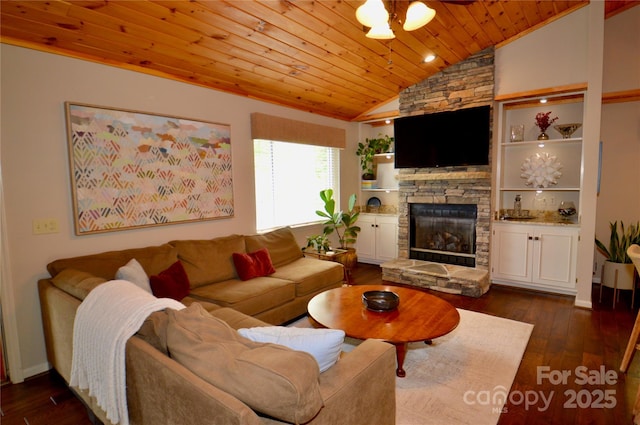 220 Woodwinds Ln, Seven Devils, NC 28604 - living room featuring wooden ceiling, lofted ceiling, a fireplace, and dark wood finished floors