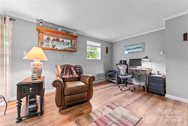 office area with wood finished floors, a baseboard heating unit, crown molding, a textured ceiling, and baseboards
