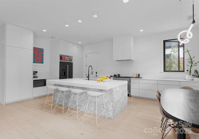 2913 Lake Ave, Charlotte, NC 28208 - kitchen with premium appliances, modern cabinets, light wood finished floors, and recessed lighting