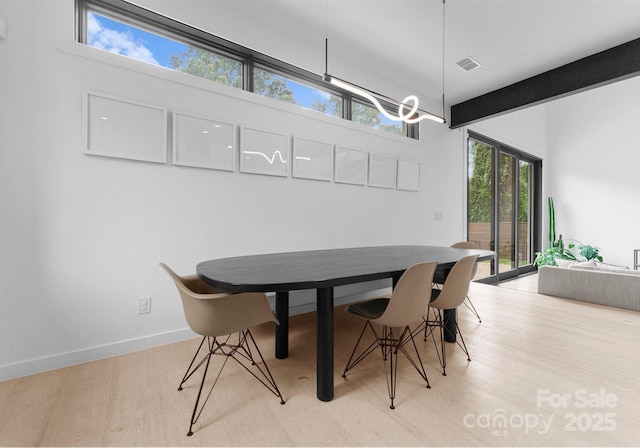 2913 Lake Ave, Charlotte, NC 28208 - dining space featuring light wood-style flooring and beamed ceiling