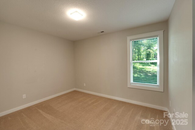 empty room with baseboards, light colored carpet, and a textured ceiling
