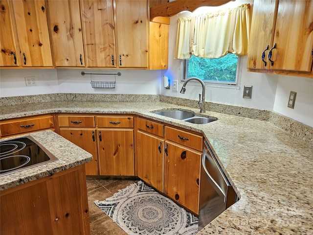 3191 Piedmont Rd, Morganton, NC 28655 - kitchen with a sink, stainless steel dishwasher, black electric cooktop, light stone counters, and brown cabinetry