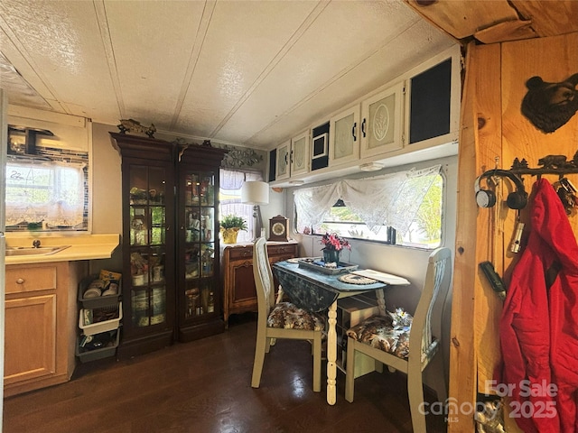 dining space with dark wood-style floors