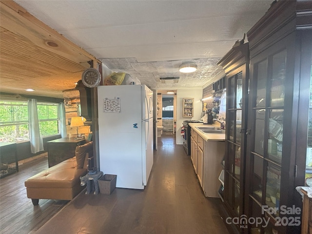 kitchen featuring freestanding refrigerator, dark wood finished floors, a sink, and stainless steel gas stove