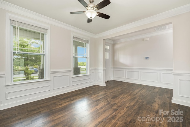 145 Yellow Birch Loop, Mooresville, NC 28117 - empty room with healthy amount of natural light, a wainscoted wall, dark wood-style floors, ceiling fan, and ornamental molding