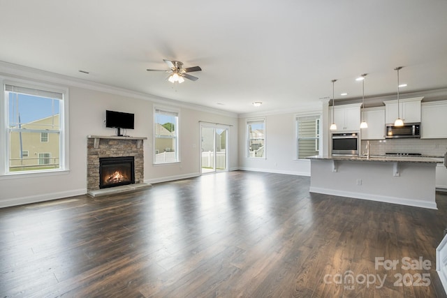 145 Yellow Birch Loop, Mooresville, NC 28117 - unfurnished living room featuring ceiling fan, ornamental molding, a stone fireplace, dark wood finished floors, and baseboards