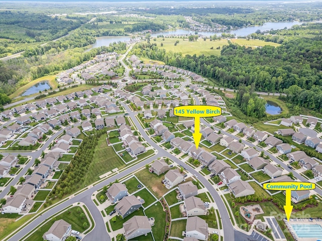 145 Yellow Birch Loop, Mooresville, NC 28117 - aerial view of property and surrounding area featuring a large body of water, a forest, and nearby suburban area