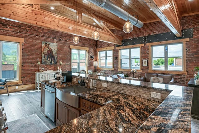 14 N Main St Unit 2, Waynesville, NC 28786 - kitchen with a sink, brick wall, wood ceiling, wood finished floors, and healthy amount of natural light