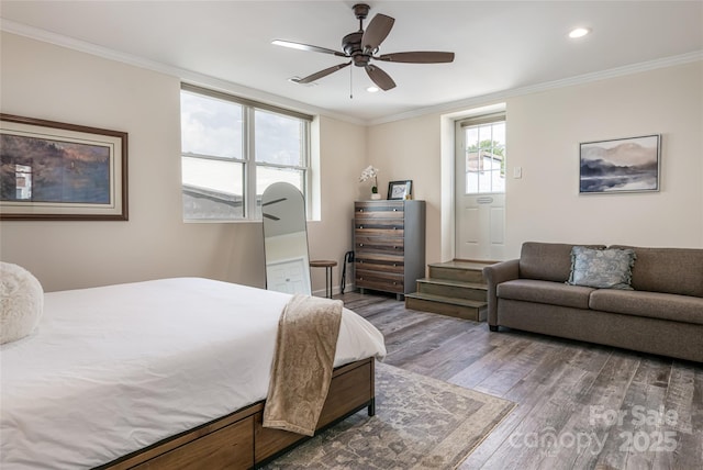 14 N Main St Unit 2, Waynesville, NC 28786 - bedroom featuring wood finished floors, recessed lighting, ornamental molding, and ceiling fan