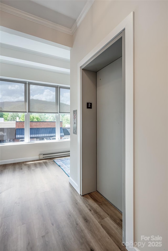 14 N Main St Unit 2, Waynesville, NC 28786 - corridor featuring crown molding, elevator, wood finished floors, and a baseboard heating unit