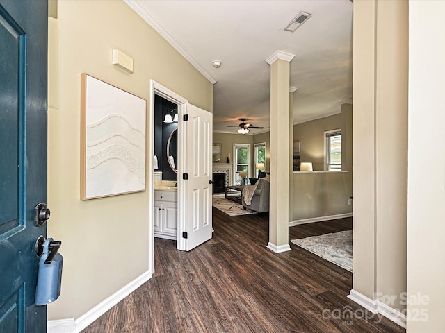 4315 Poplar Grove Dr, Charlotte, NC 28269 - entrance foyer with a fireplace, dark wood-style floors, ceiling fan, baseboards, and crown molding