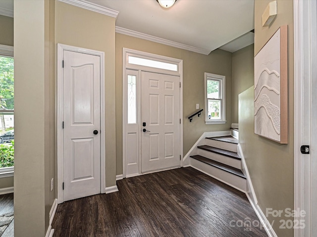 4315 Poplar Grove Dr, Charlotte, NC 28269 - entrance foyer featuring dark wood-style floors, baseboards, crown molding, healthy amount of natural light, and stairs