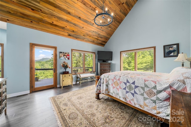 134 Olivia Trace Dr, Fletcher, NC 28732 - bedroom with access to exterior, high vaulted ceiling, wood finished floors, and wood ceiling