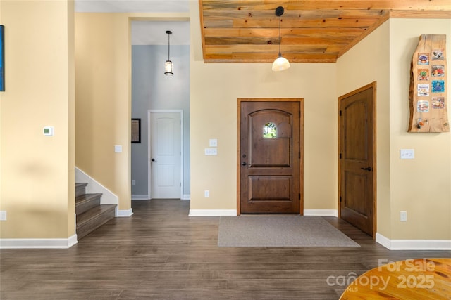 134 Olivia Trace Dr, Fletcher, NC 28732 - entrance foyer featuring wooden ceiling, dark wood finished floors, and stairs