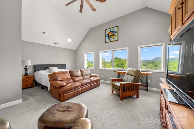 134 Olivia Trace Dr, Fletcher, NC 28732 - bedroom featuring light colored carpet, high vaulted ceiling, and a ceiling fan
