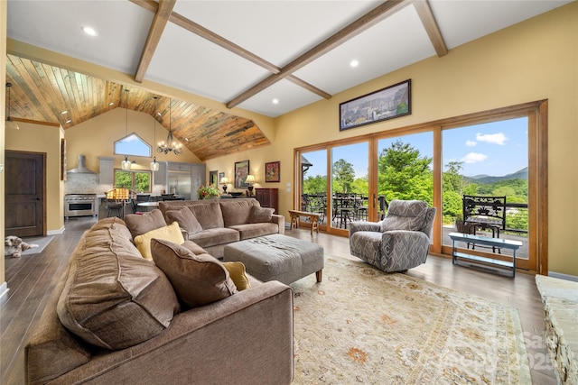 134 Olivia Trace Dr, Fletcher, NC 28732 - living area with a chandelier, wood finished floors, plenty of natural light, high vaulted ceiling, and a wood ceiling with exposed beams
