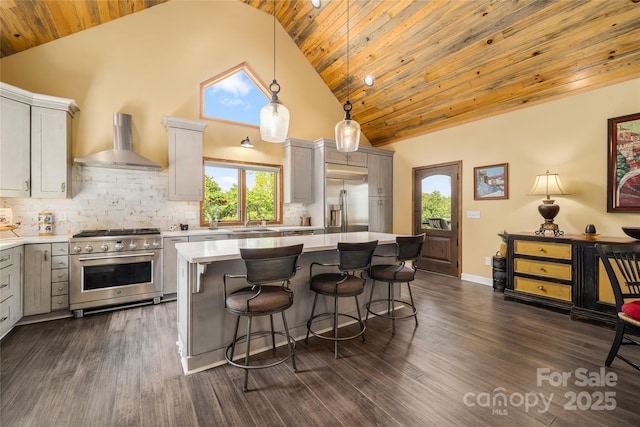 134 Olivia Trace Dr, Fletcher, NC 28732 - kitchen featuring wall chimney exhaust hood, high end appliances, light countertops, wooden ceiling, and a breakfast bar area