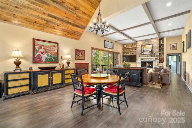 134 Olivia Trace Dr, Fletcher, NC 28732 - dining room with a fireplace, wood finished floors, recessed lighting, a chandelier, and beamed ceiling