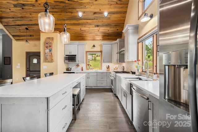 134 Olivia Trace Dr, Fletcher, NC 28732 - kitchen featuring stainless steel appliances, wood ceiling, plenty of natural light, a center island, and light countertops