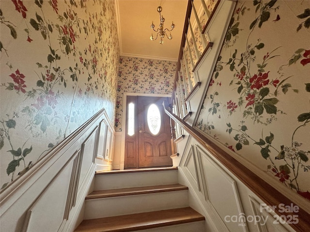 5495 Valley Run St, Hickory, NC 28601 - staircase featuring wallpapered walls and ornamental molding