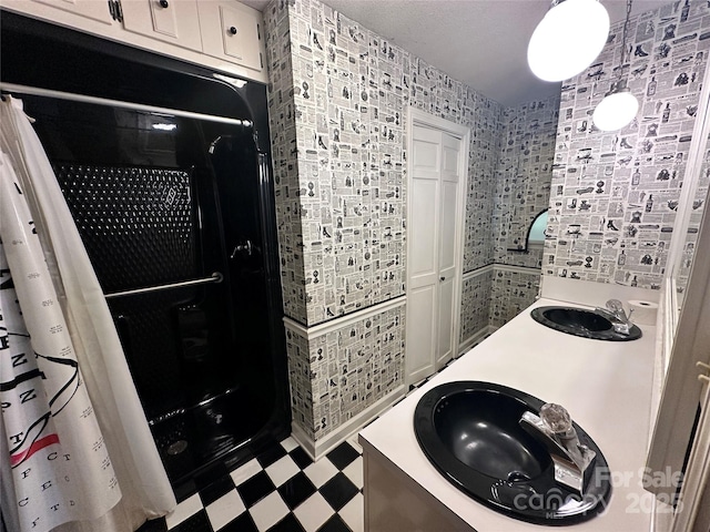 5495 Valley Run St, Hickory, NC 28601 - full bathroom featuring tile patterned floors, a shower with shower curtain, and double vanity