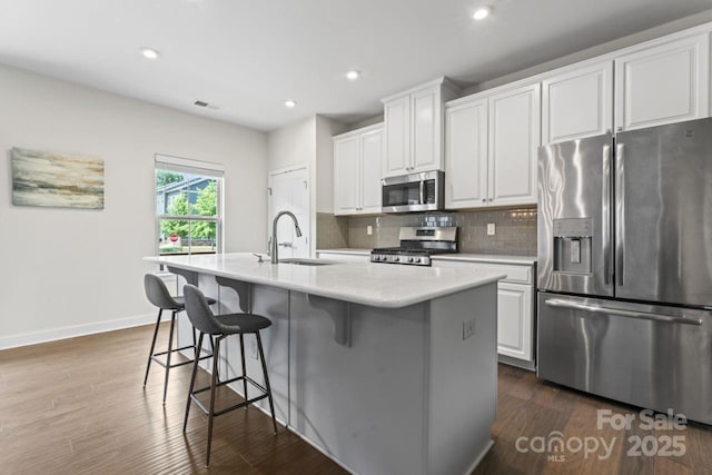 kitchen featuring appliances with stainless steel finishes, dark wood-style flooring, tasteful backsplash, white cabinets, and an island with sink