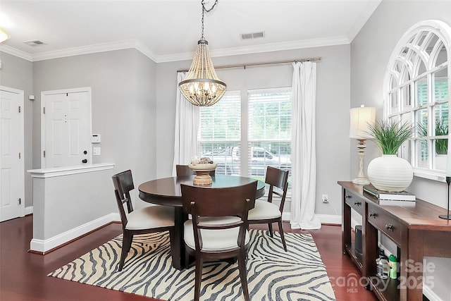 10378 Alexander Martin Ave, Charlotte, NC 28277 - dining space with dark wood-style floors, baseboards, healthy amount of natural light, a chandelier, and ornamental molding
