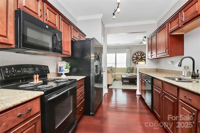 10378 Alexander Martin Ave, Charlotte, NC 28277 - kitchen featuring black appliances, a sink, dark wood-style flooring, ceiling fan, and light stone counters