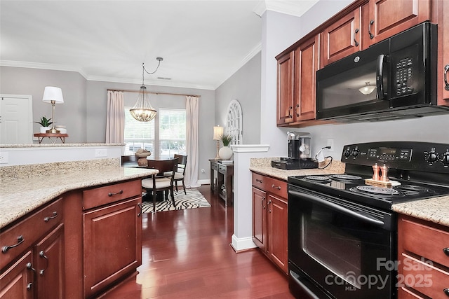 10378 Alexander Martin Ave, Charlotte, NC 28277 - kitchen with black appliances, crown molding, dark wood-style flooring, light stone countertops, and decorative light fixtures