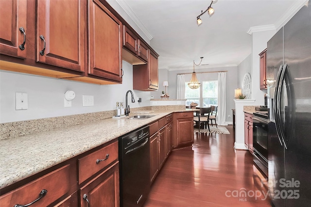 10378 Alexander Martin Ave, Charlotte, NC 28277 - kitchen featuring black appliances, a sink, dark wood-type flooring, crown molding, and light stone countertops