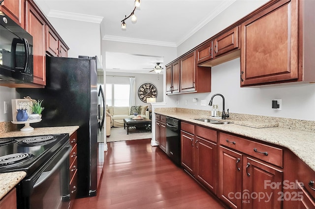 10378 Alexander Martin Ave, Charlotte, NC 28277 - kitchen featuring black appliances, a sink, dark wood-style floors, a ceiling fan, and crown molding