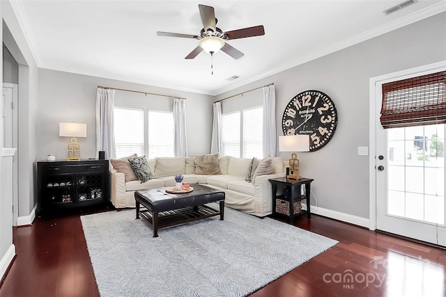 10378 Alexander Martin Ave, Charlotte, NC 28277 - living area featuring wood finished floors, a ceiling fan, baseboards, and crown molding